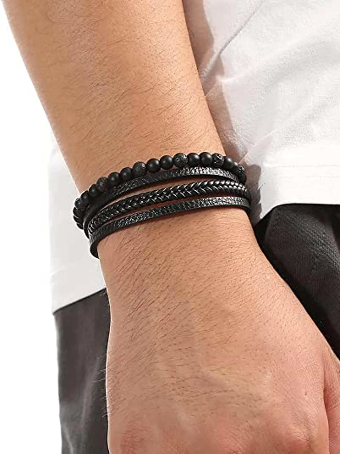 Vintage Men'S Natural Stone Lava Matte Black Onyx Multi-Layer Leather Beaded Bracelet