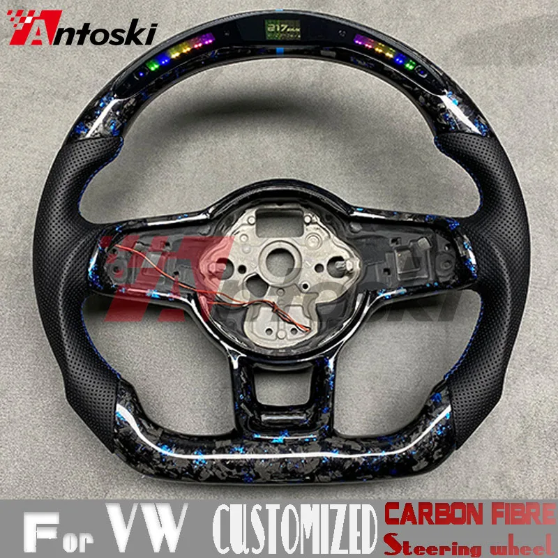 Customized Carbon Fiber Steering Wheel for VW Golf MK7 7.5 GTI R Polo Blue Logo Upgraded Perforated Leather LED