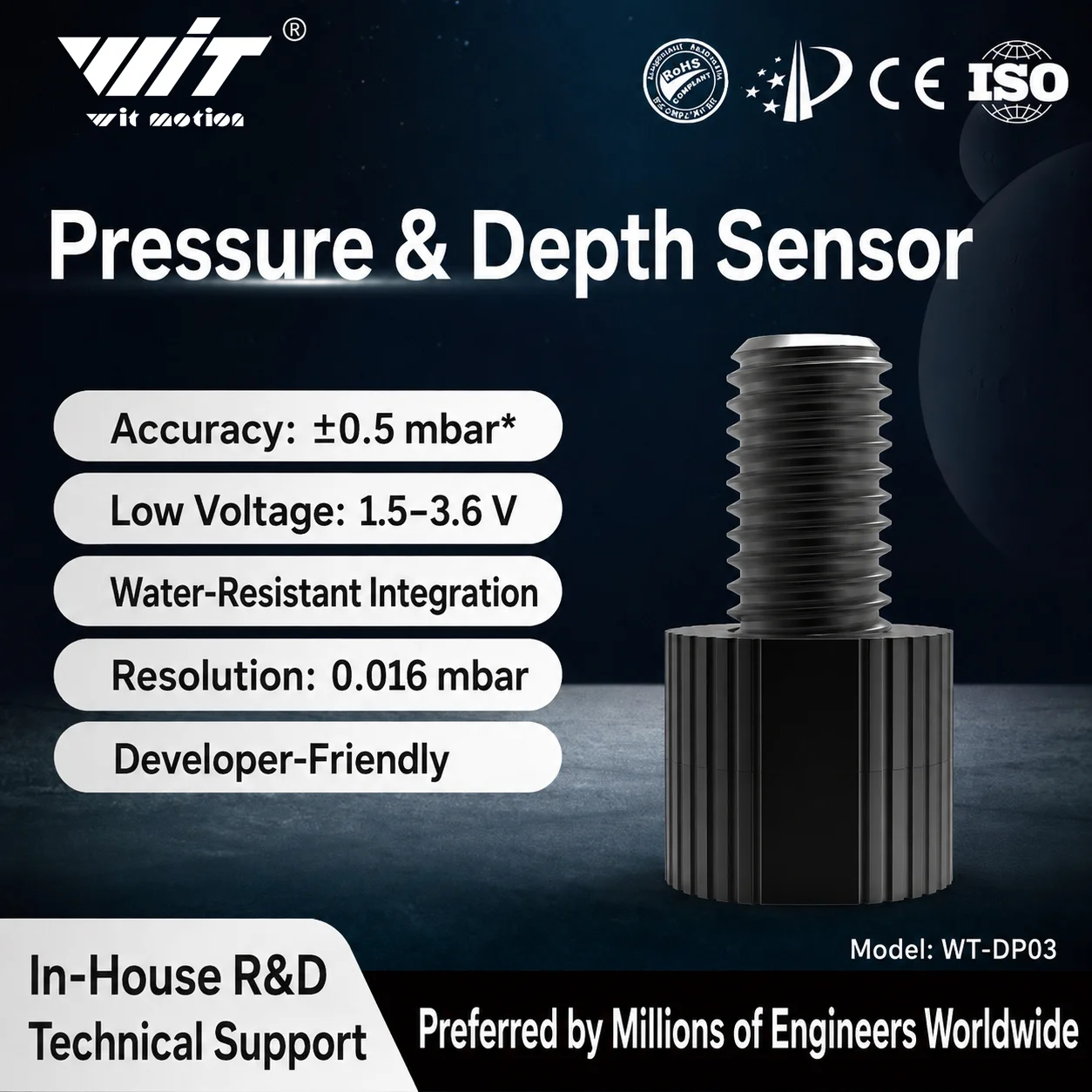 Wit Motion MS583730BA01-50 Submersible Water Depth Sensor, 30Bar High Precision Hydrostatic Level Transmitter with Temperature O