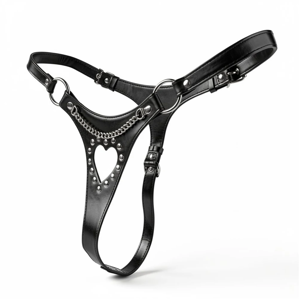 Heart Cutout Leather Strap-On Harness Panties Metal Rivet Dildo Holder Lesbian Couples Sex Toys Body Restraints Belt for Women