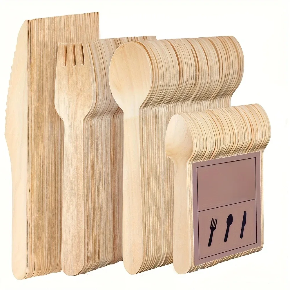 Ensemble de vaisselle jetable en bois pour fête, 200 pièces, (50 fourchettes, 50 $, 50 cuillères, 50 cuillères à café), ustensile de jardin en bambou