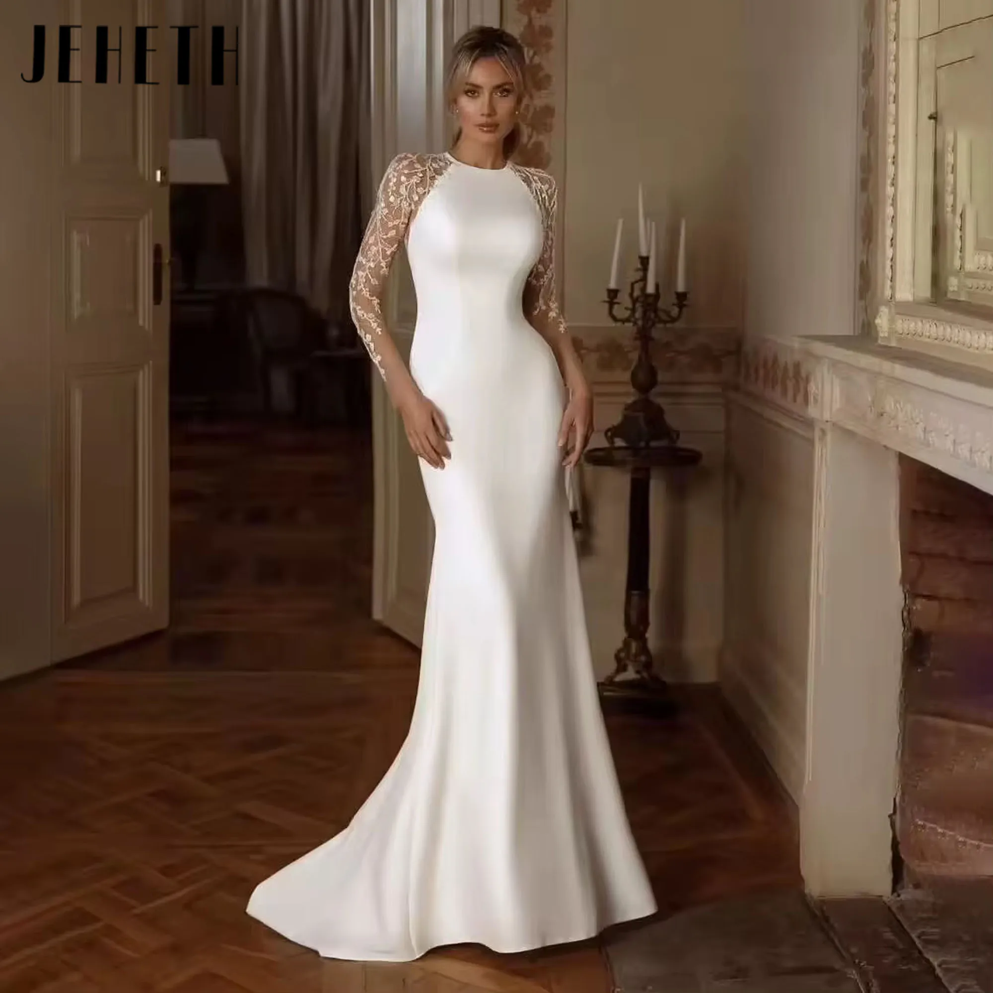 

JEHETH Simple Lace Satin Mermaid Wedding Dress Scoop Neck Open Back Long Sleeve Appliques Bridal Gown Vestido Customized