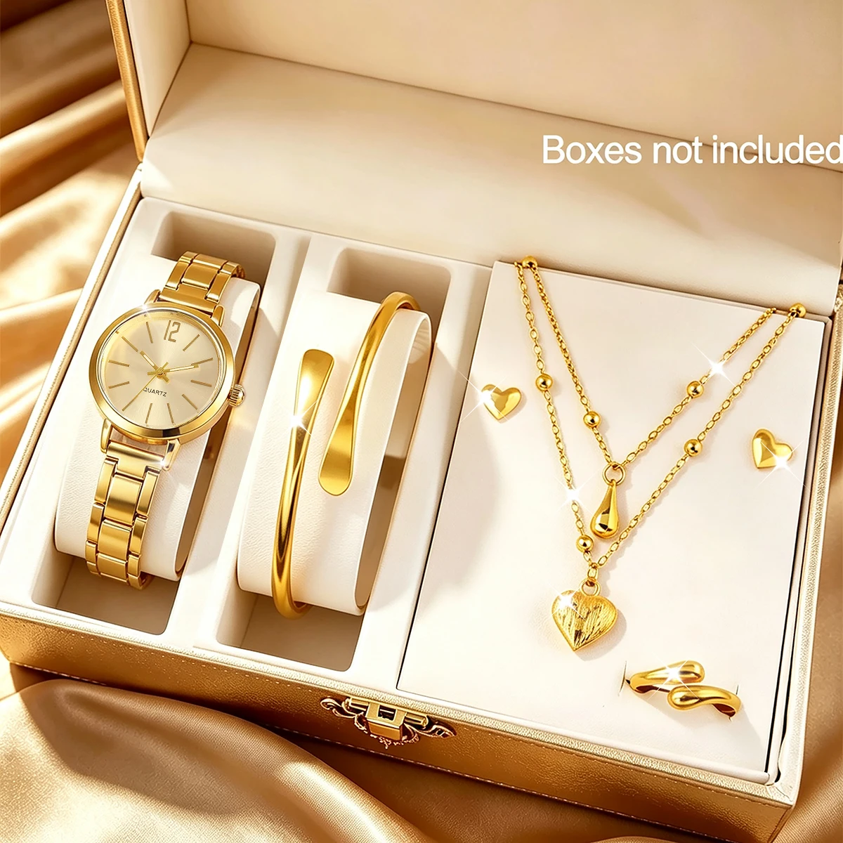 6-Piece Set, Elegant and Fashionable Compact Quartz Watch for Women Paired with a New Bracelet, Love Bracelet, Necklace, and Ring Set, with Pointer Display, Round Dial, an Excellent Accessory for Banquets, Parties, and Gift-Giving.
