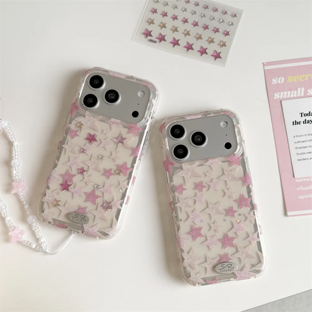 

Pink Star Kawaii Phone case for iPhone 16 17 Pro 16 Max 15 Pro Max Cover With Chain Korean Shockproof Funda For Apple 17 Max Cap