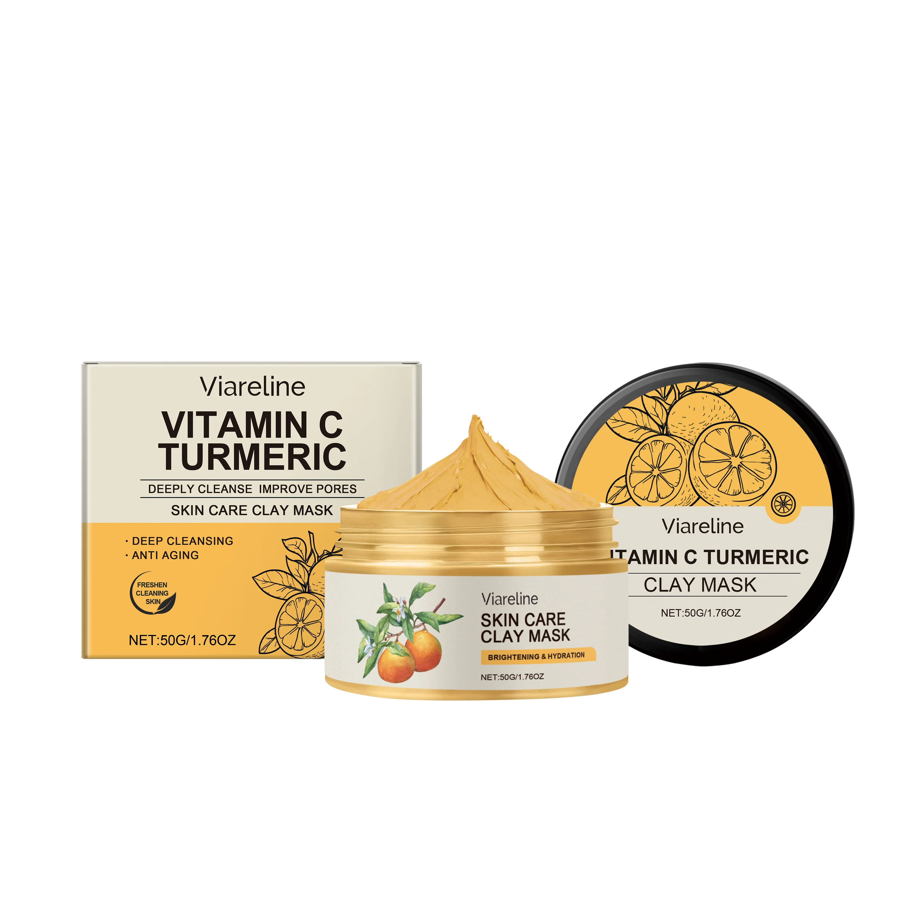 Viareline Vitaminc Turmeric Clay Mask Deeply Cleanse Improve Pores Skin Care Draws Out Excess Oil Impurities Refine Rough Skin Texture
