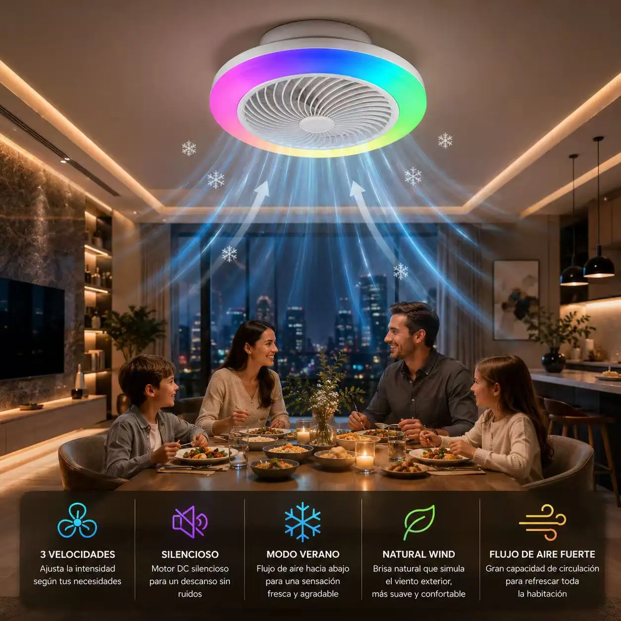 Ventilador de Techo LED RGB con Motor DC Silencioso, Control Remoto, Luz Regulable CCT, Temporizador, Modo Verano/Invierno, 3 Velocidades, 500mm