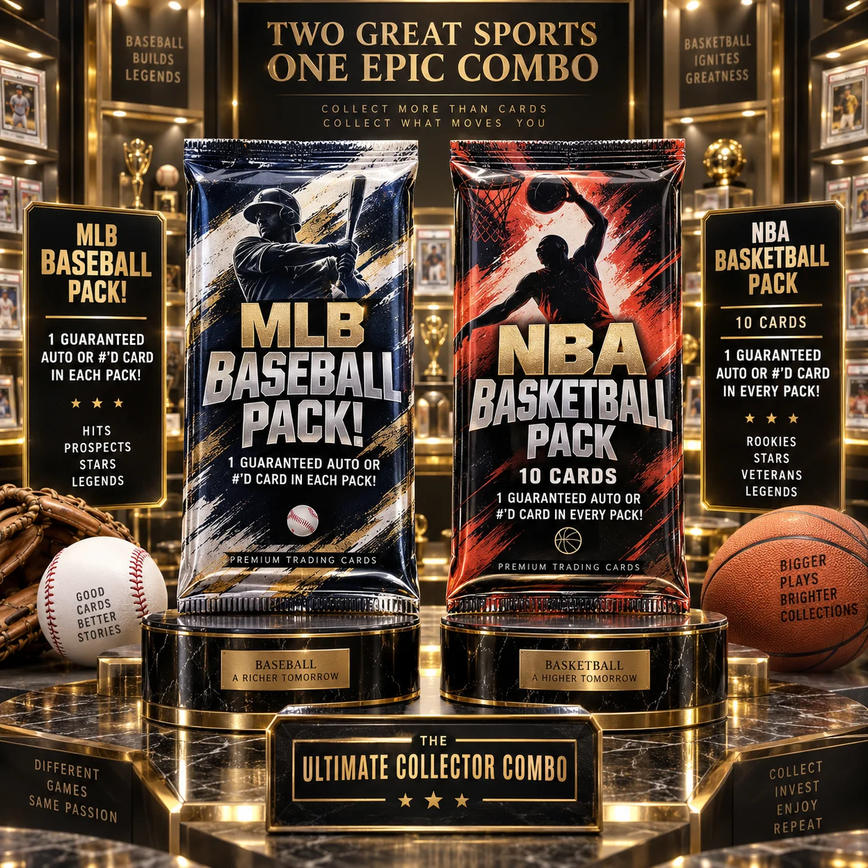 Baseball & Basketball Trading Card Bundle, Includes 1 MLB Pack and 1 NBA Pack, 10 Cards Each, 20 Cards Total, Guaranteed Auto or Numbered Card Per Pack, Sports Card Collectibles, Hobby Card Packs for Card Collectors, Display Collection and Sports Fans