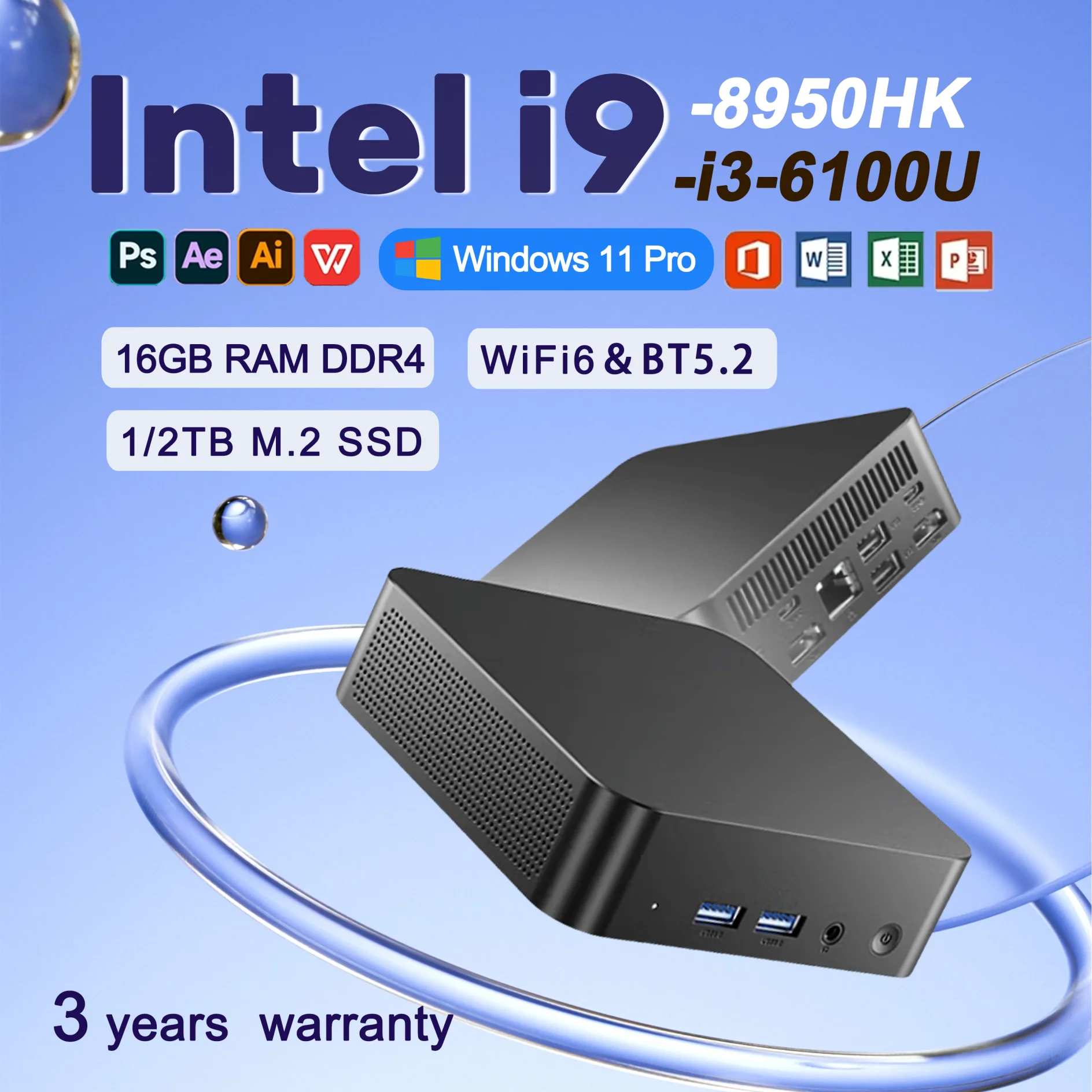 Mini PC con Windows 11, Intel Core i9 8950HK/i3 6100U, 16GB DDR4, SSD de 1/2TB, computadora de escritorio para juegos, Windows 11, BT5.2, WIFI6, computadora para juegos 4K