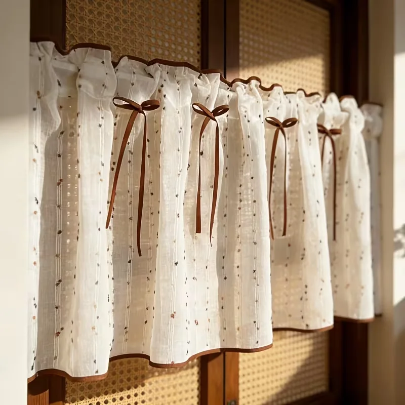 1PC Modern Sheer Café Curtain with Colorful Embroidery & Brown Bows, Rod Pocket Semi-Sheer Short Curtain for Home Decor