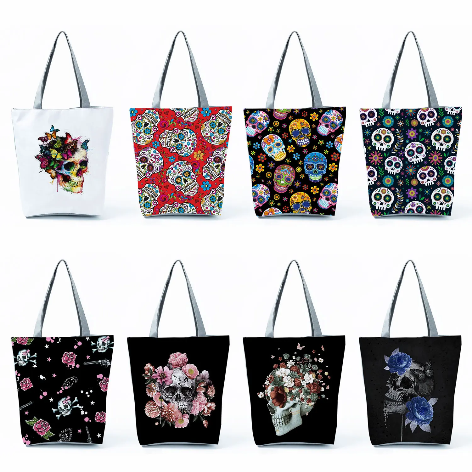 Women Shoulder Bag Halloween Gift Portable Floral Skull Print Handbags Large Capacity The Tote Bag Eco Reusable Shopping Bags