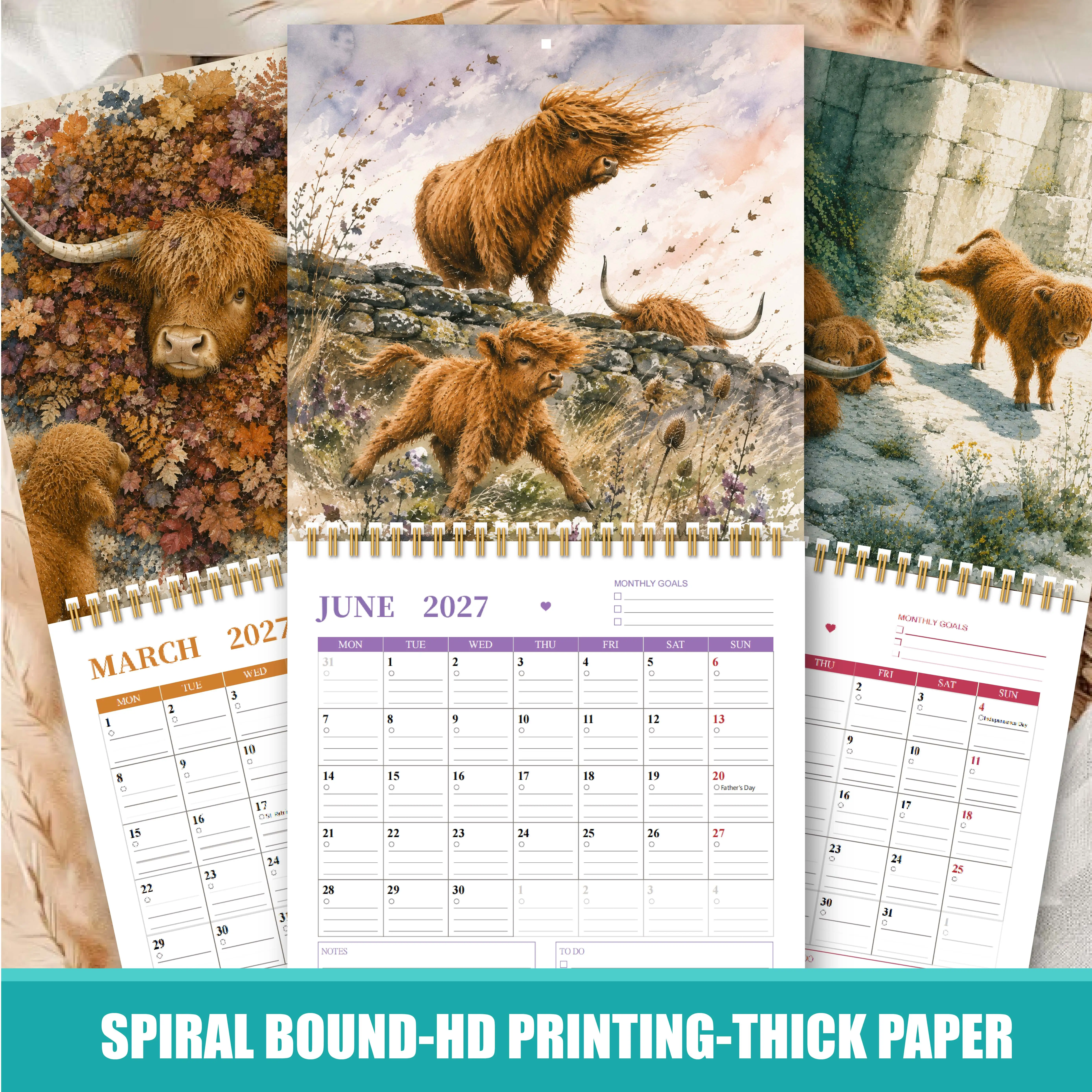 2027 Wall Calendar Highland Cow Family Night Scenery Rustic Farmhouse Style Monthly Planner for Home Office Hanging Decor Organizer with Twelve Months of Countryside Charm and Cozy Evening Atmosphere for Daily Scheduling