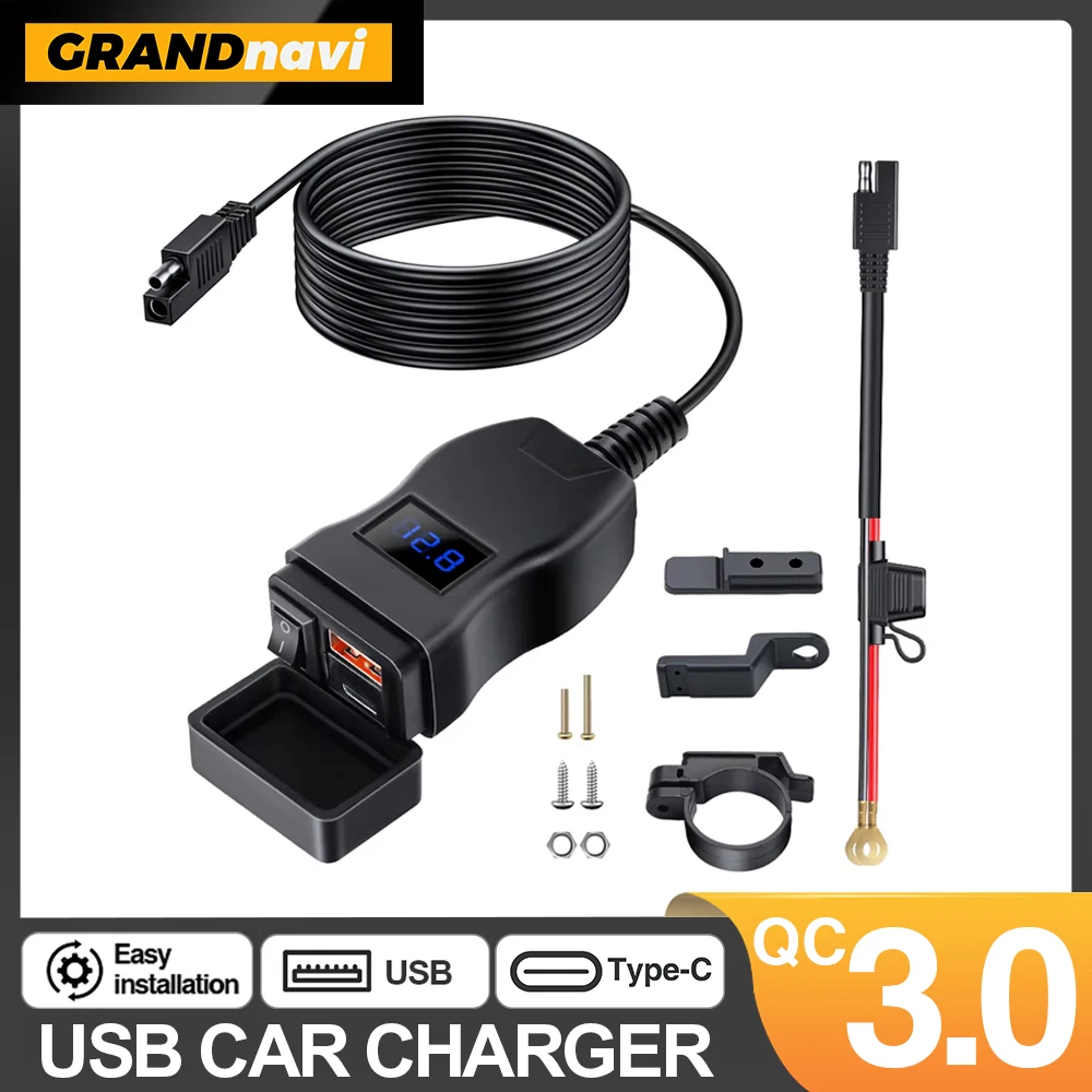 GrandNavi QC3 Motorcycle USB Fast Charger Waterproof Type C 12v Port Socket Connector With Cell Mobile Voltmeter Digital Charge