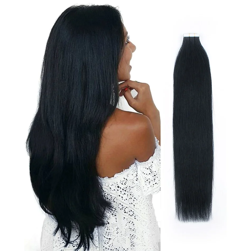 Straight Tape-In Extensões de cabelo humano, extensões de cabelo natural, 1B, 100% Remy Skin Weft, cola adesiva no salão, alta qualidade