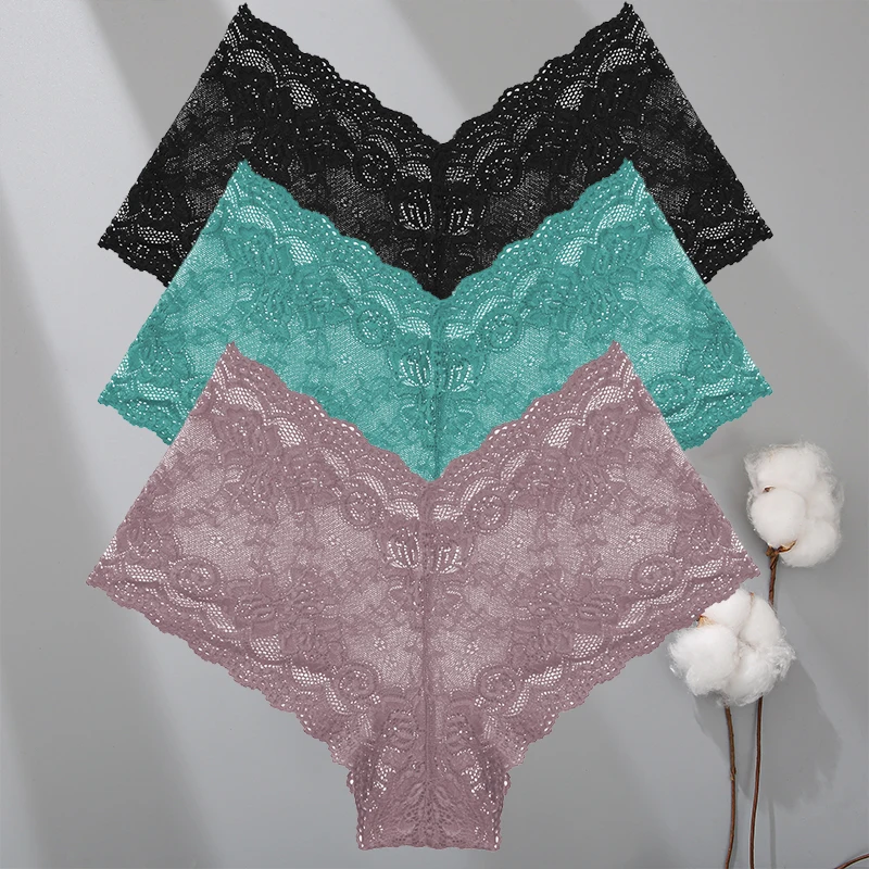 3 teile/satz Frauen sexy Spitze Höschen solide Blumen Perspektive niedrige Taille weibliche Unterwäsche Boxer atmungsaktive weiche intime Dessous
