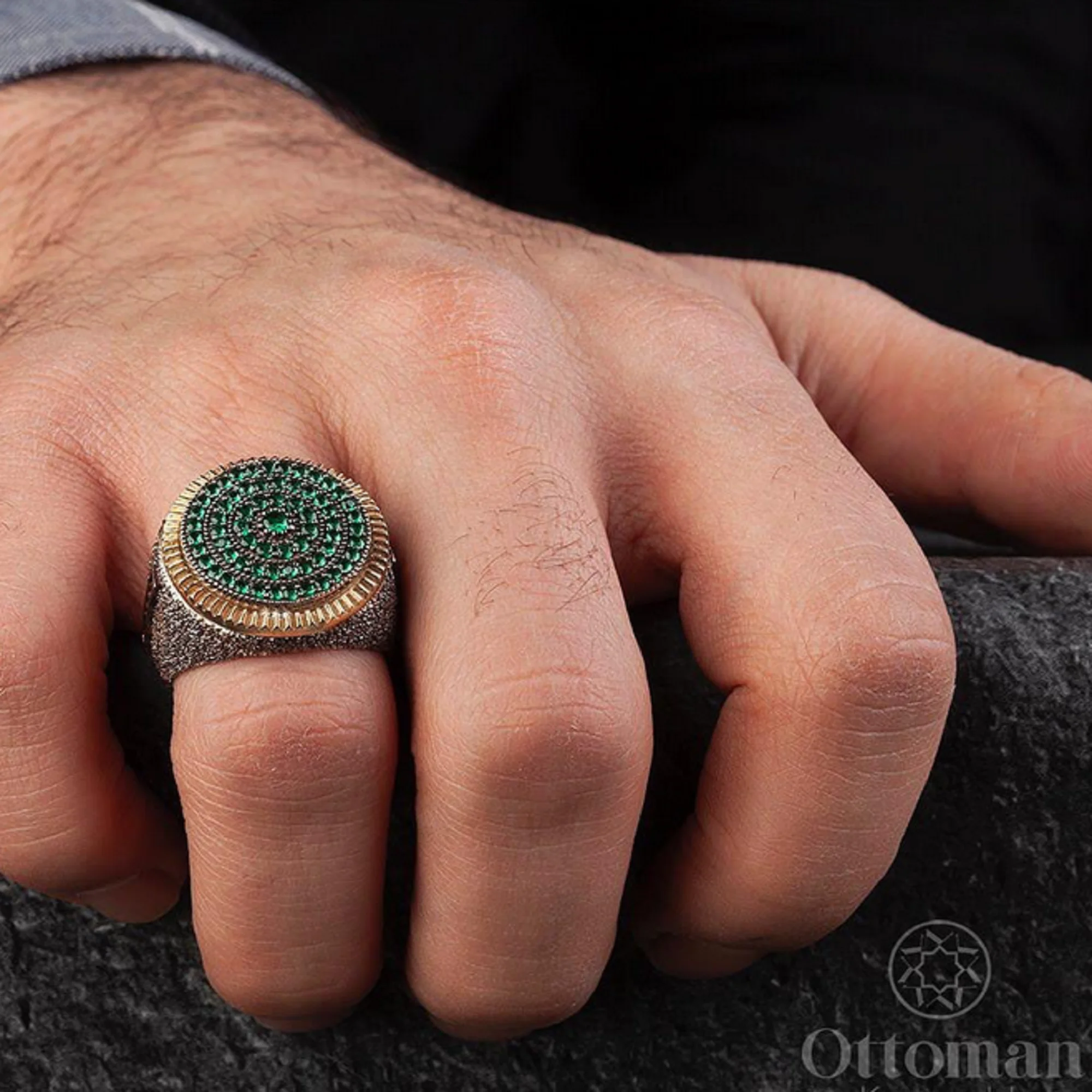 Ottoman Textured Green Our Silver Ring In Our Model With Sandblasting Black Texture Applied It is Decorated With Green Stones