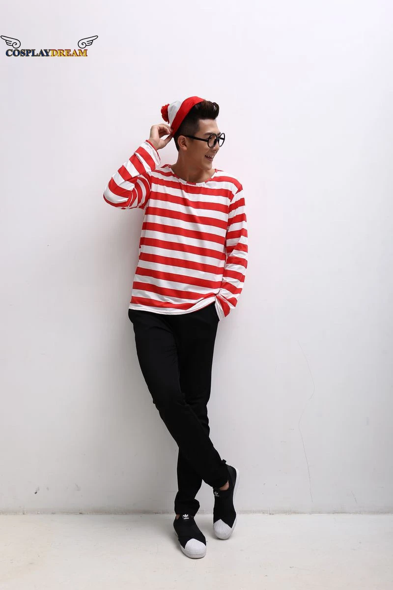 Wheres Wally kostium czerwony pasek koszula kapelusz okulary pełne zestawy męskie świąteczne impreza z okazji Halloween dorosłych ubrania Cosplay S-XXL