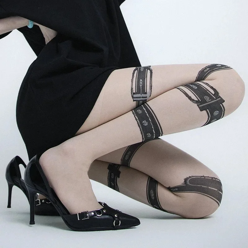 Gothic Punk Women Stockings Sexy Black Leg Ring Jacquard Tights Y2k Printed Waist Nightclub Party Tights Lingerie Pantyhose — zdjęcie 2