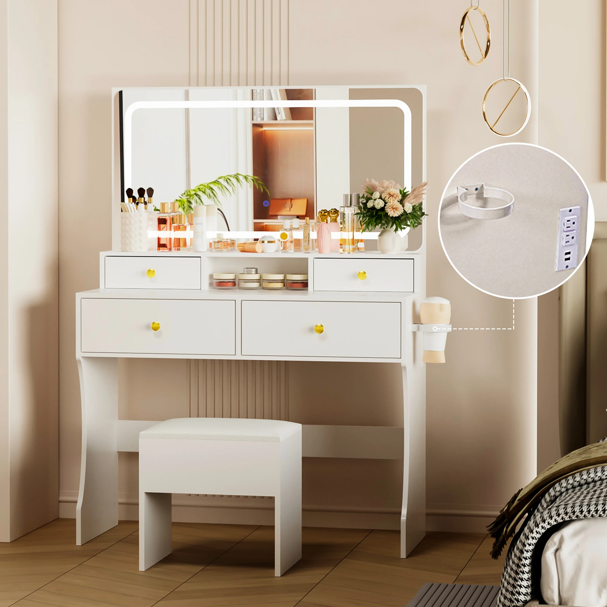 Vanity Desk with Upgraded Silent Slides, Golden Handles 3 Lighting Modes Small Vanity with Charging Station, Makeup Vanity with