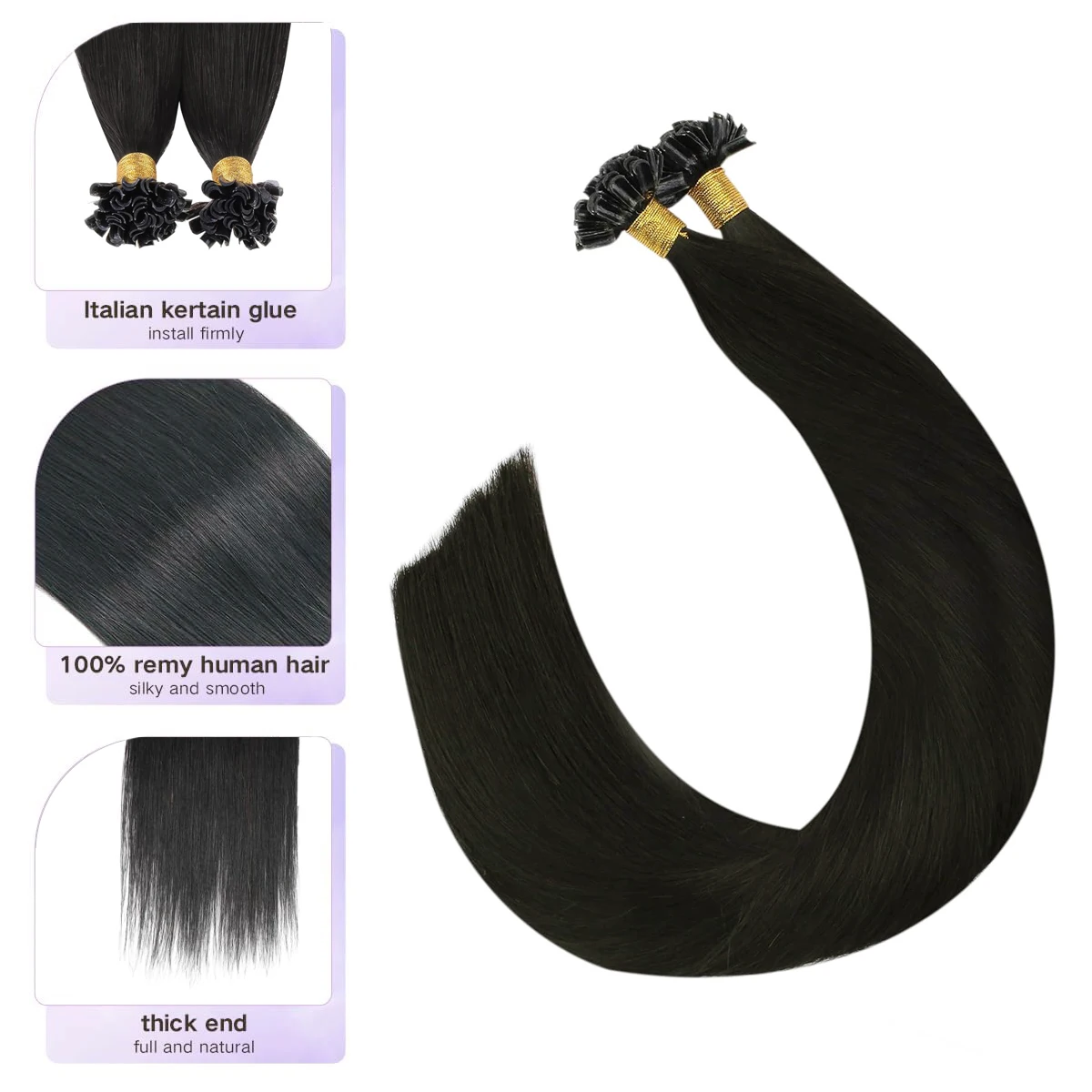 U Tip Human Hair Extensions 50G Pre-Bonded Nail Tip Hot Fusion Ktip Extensions Straight Soft Hair Natural Black 50 Strands/Pack
