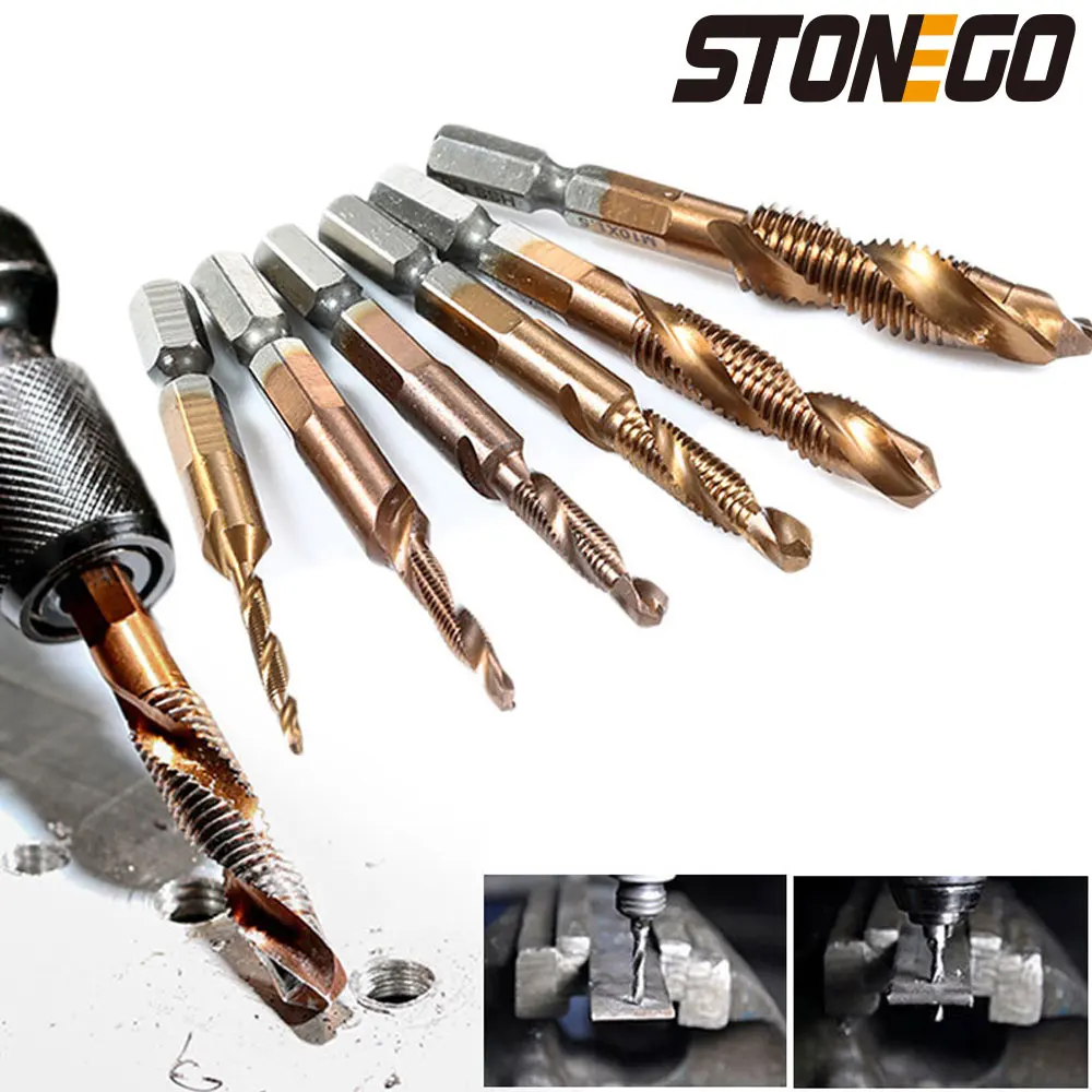 STONEGO HSS 4341 & 6542 Thread Screw Tap Drill Bit HSS Tap Metric High Speed Steel 1/4inch Quick Change Hex Shank