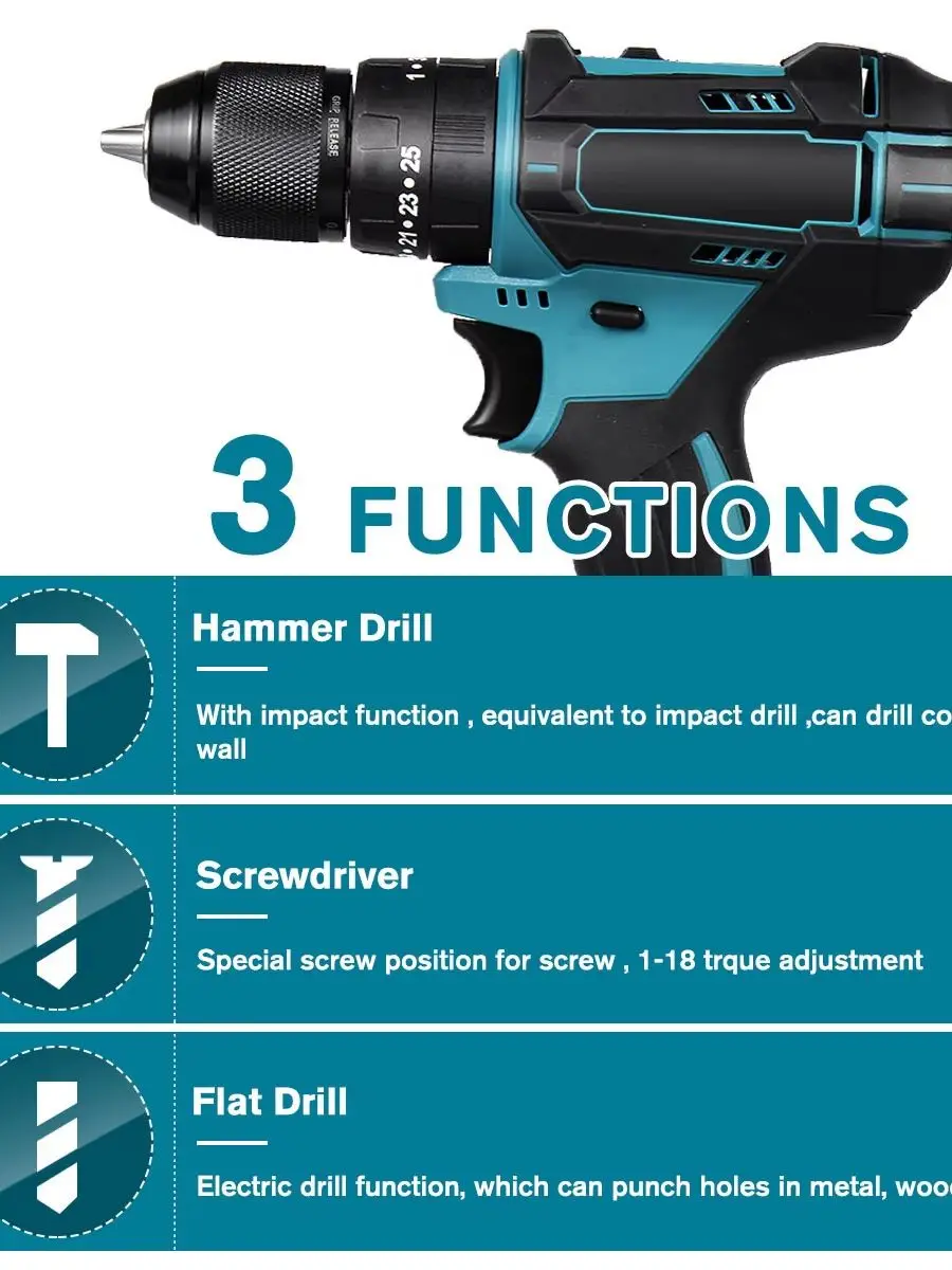3-in-1 4000 U/min 520 Nm. M Torque Elektrischer Schlagbohrer 10mm Bohrfutter Flachbohrer Hammer Elektrischer Schraubendreher Geeignet für Makita-Akku