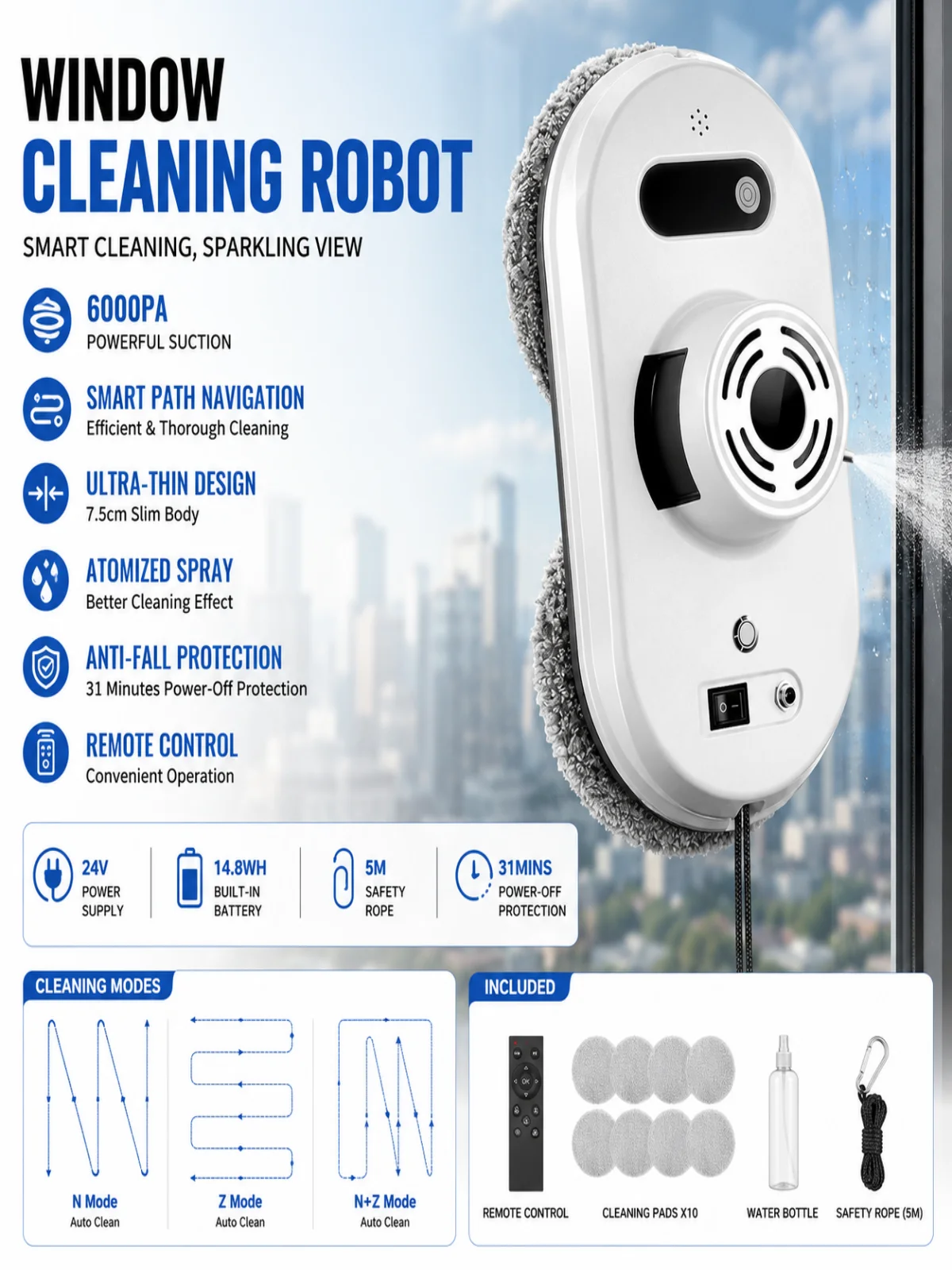 6000Pa Intelligenter Fensterreinigungsroboter, automatischer Glasreiniger mit Navigation, Fernbedienung, rahmenloser Fensterunterstützung und USV-Schutz für Fenster im Haus