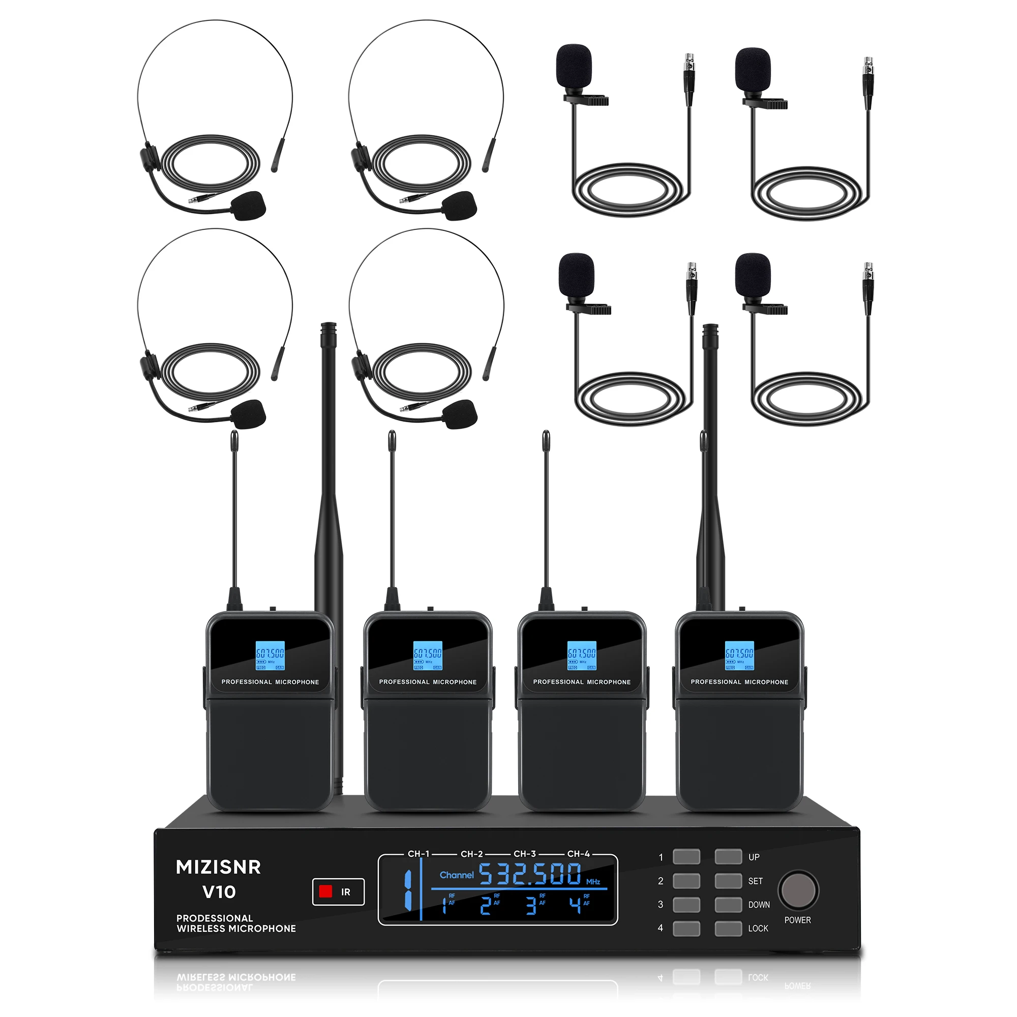 FULUODE V-10 4-kanaals professioneel draadloos systeem met 4 handheld microfoons - afbeelding 1