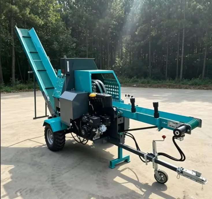 Automatic 40T Hydraulic Firewood Processor Trailer Mounted Log Splitter with Conveyor Belt for Commercial Wood Cutting