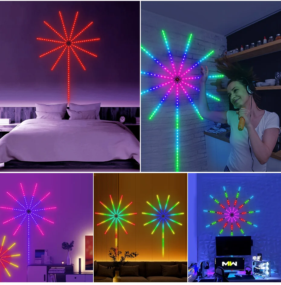 RGBIC-Feux d\'Artifice LED avec Télécommande à 24 Touches, Son Musical, 5V, USB, Bande pour Décoration Murale de ix