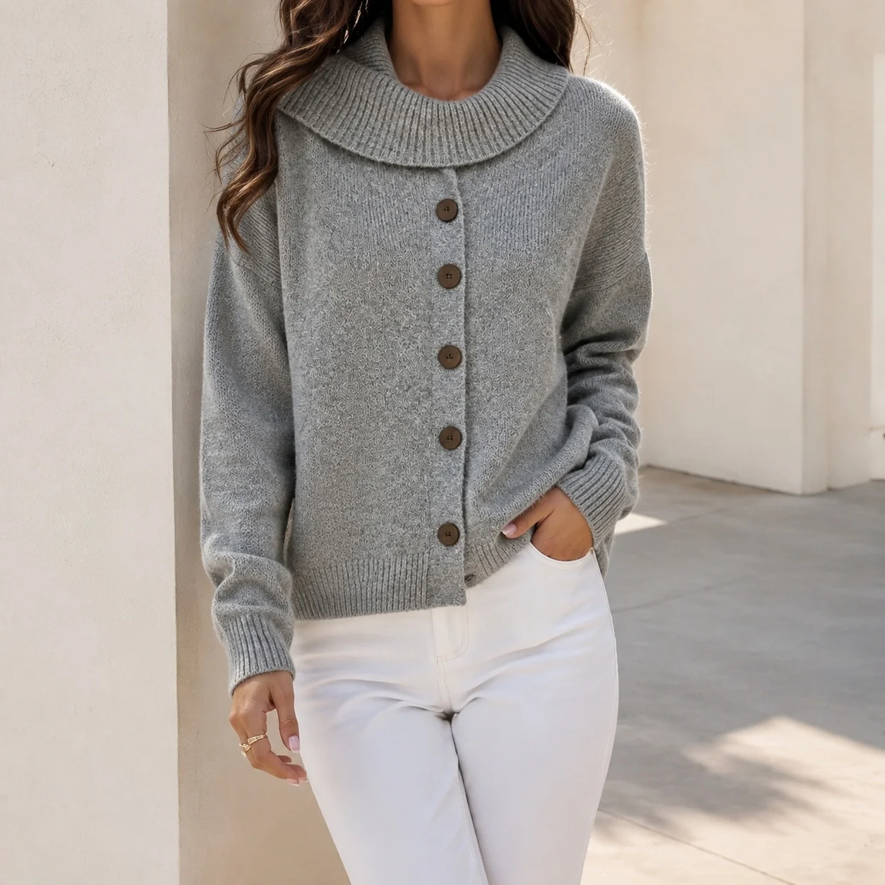 Turn Down Collar Button Front Cardigan Regular Length Graceful Elegant with Medium Weight Winter Button Cardigan for Women