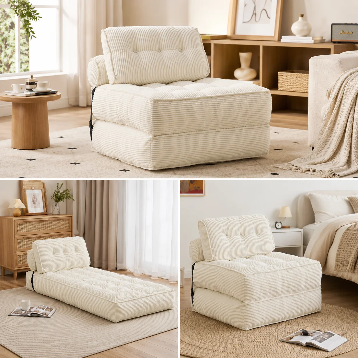 Canapé-lit pliant multifonctionnel, tissu en velours côtelé blanc crème, rembourrage en mousse souple, double usage comme canapé et lit, dossier réglable, adapté pour le salon, la chambre à coucher, le balcon, la zone de loisirs et l'utilisation comme chambre d'hôtes temporaire, confortable et pratique, style minimaliste pour la maison