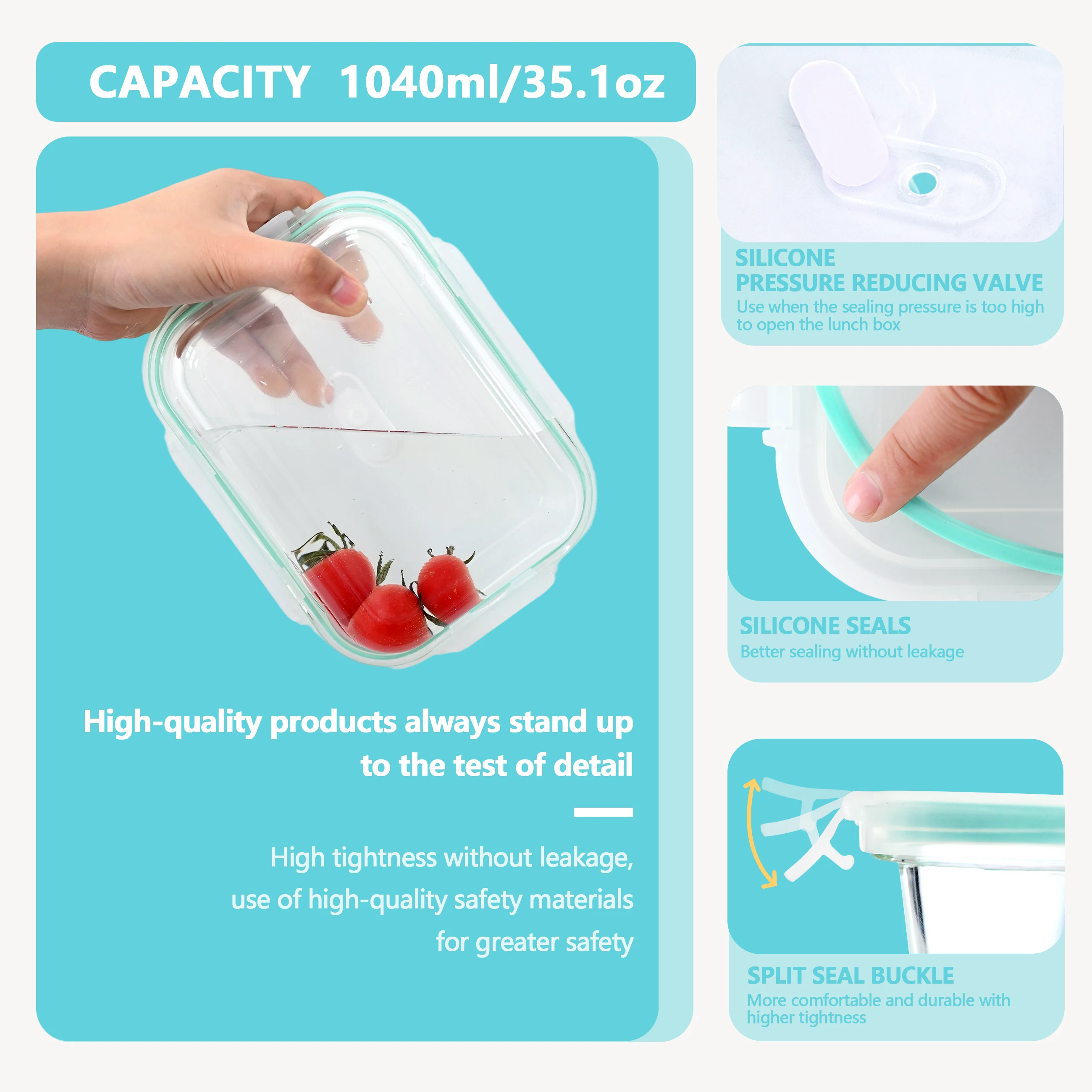 SAEIV 8-piece set of airtight food storage containers, 370/1040ml glass food storage jars, microwave/dishwasher safe, BPA-free – Detail 2