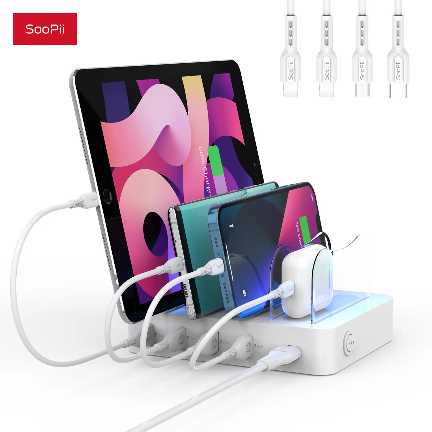 SooPii Charging Station for Multiple Devices 4-Port Charger Station with 4 Mixed Cables for Phones Tablets and Other Electronics