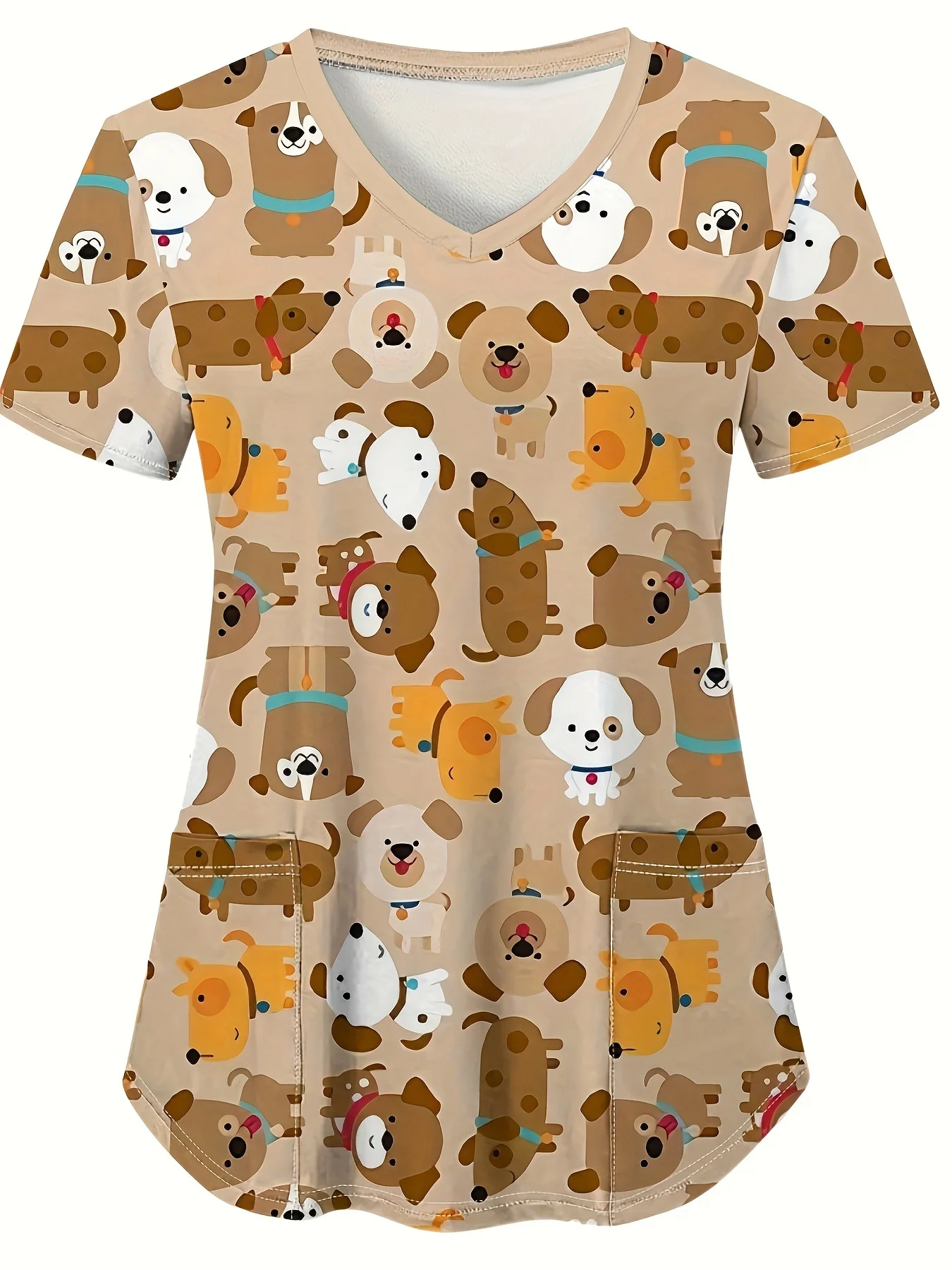 Scrubs Medical Uniforms Woman Cute Puppy Cartoon Print Surgical Uniforms V-Neck Short Sleeve Tops Pet Nursing Uniforms for Women