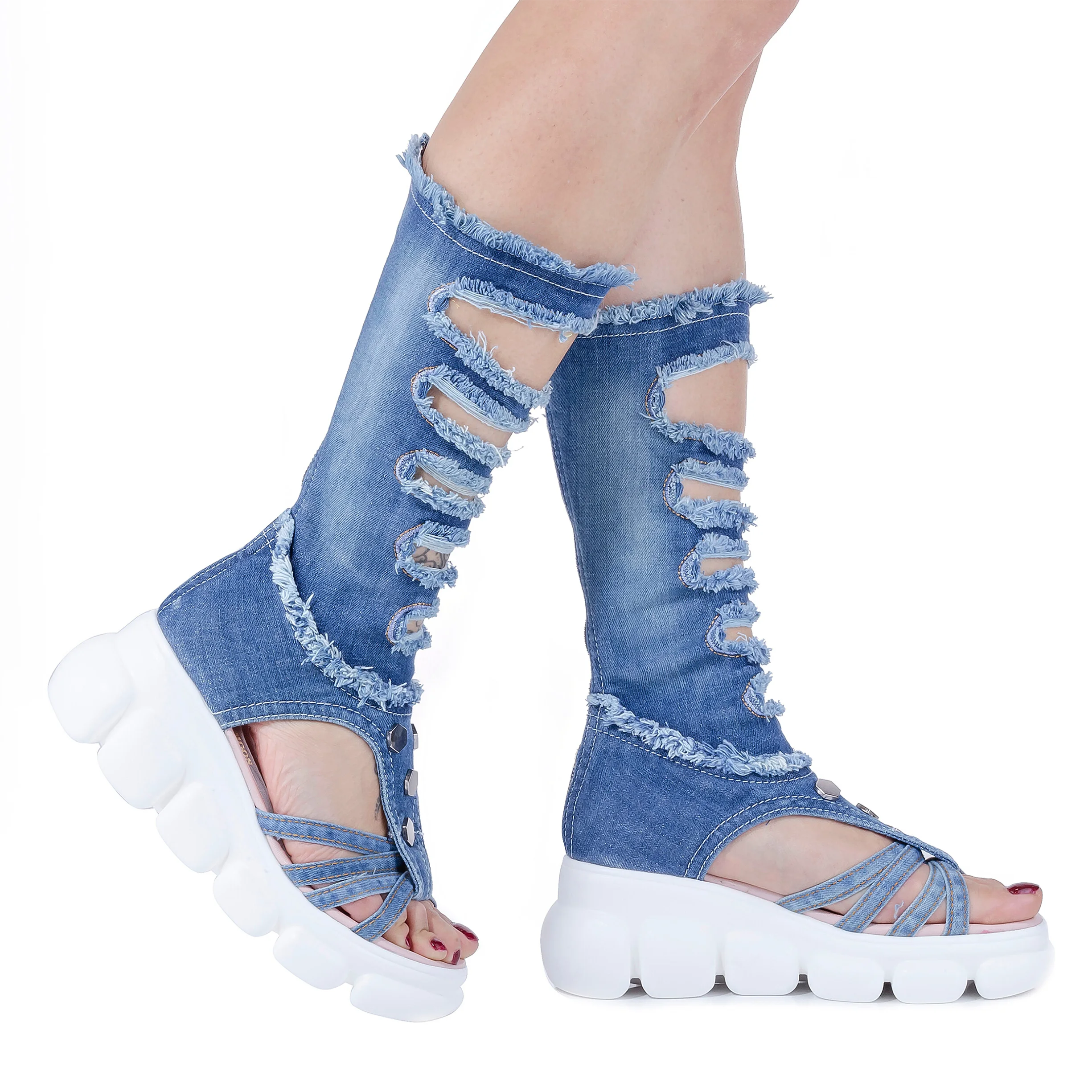 Botas vaqueras rasgadas para mujer, zapatos deportivos con estampado azul