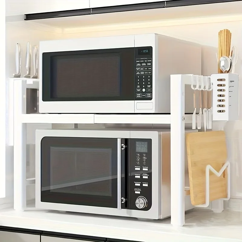 Mikrowellen-Regal, 3-stufiges, ausziehbares Küchenregal mit 6 Haken, 1 Messerhalter, 1 Utensilienhalter & 1 Schneidebretthalter, Schwarz, ausziehbar von 38 cm auf 64 cm, Mehrzweck-Organizer für Küche,