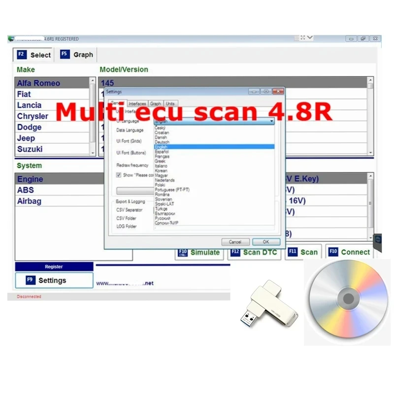 ماسح ضوئي Multiecuscan V4.8 obd2 لنماذج إكسسوارات السيارات الأوروبية والأمريكية + ELM327 + محول مسطح مسجل Keygen غير محدود