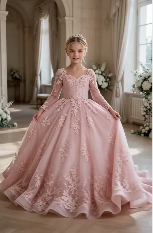 Pink Long Sleeve Flower Girl Dress With Kids Lace Appliques Wedding Party First Communion Dress Customized Birthday Gown