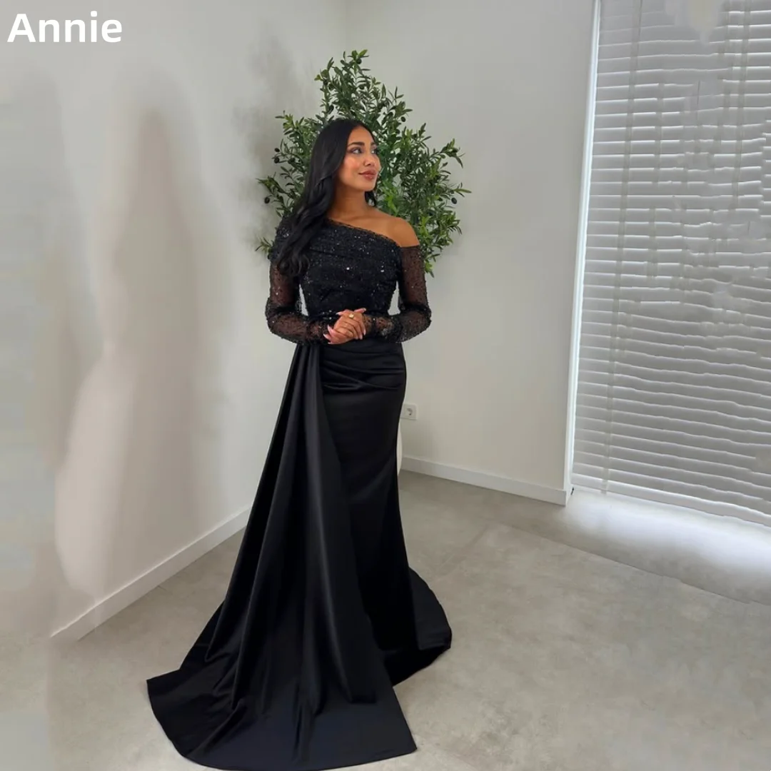 

Annie Glitter Sequin Long Sleeves Prom Dresses Black Satin Evening Dresses Slim Fit Special Occasions Wedding Party Dresses