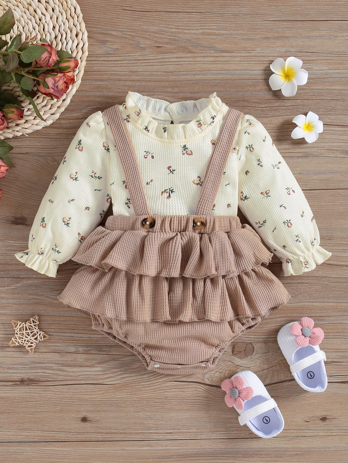 2Pc Kids Baby Gilr Summer/ Spring Long Sleeve Printing Floral Bohemian Suspenders Suit