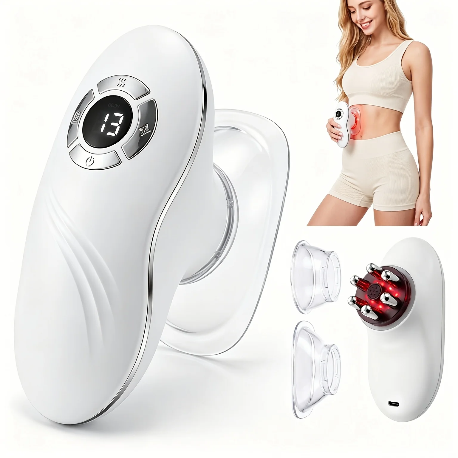 Electric Cupping Massager with Red Light Therapy and Vacuum Suction, 3-in-1 Gua Sha Body Massager with Microcurrent Care, Digital Display, USB-C Rechargeable, 2 Cupping Cups for Face Waist Belly Arms Legs, Home Spa Body Sculpting Relaxation