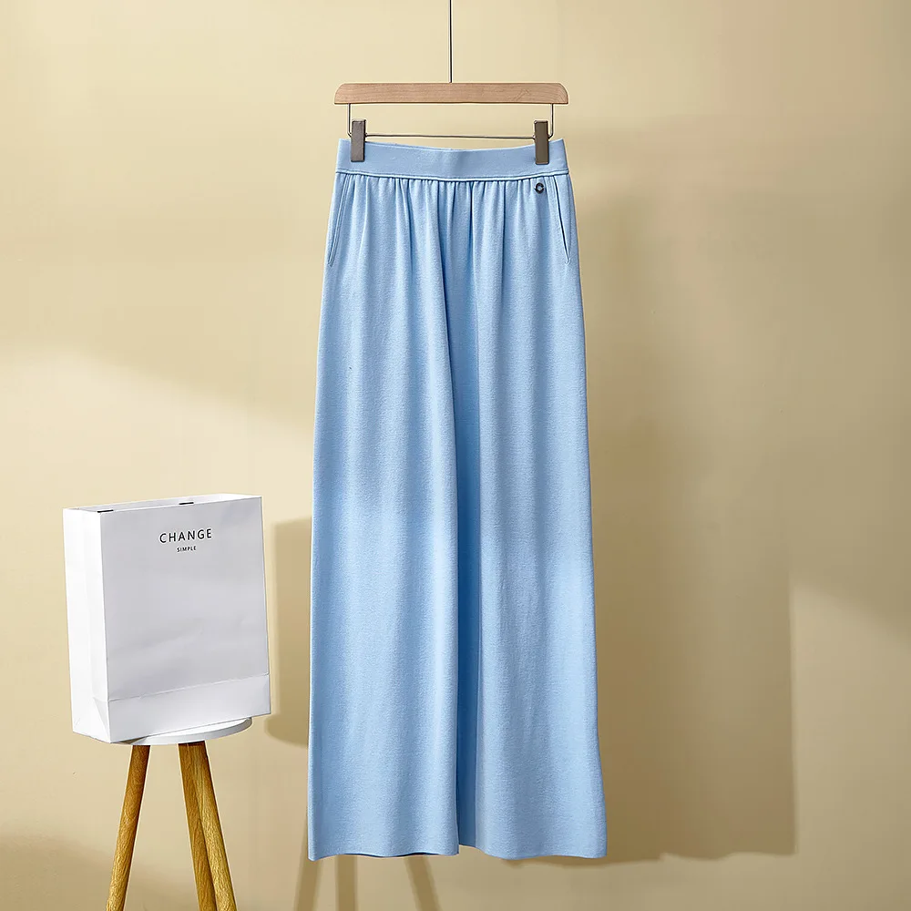 2025 Pantaloni a gamba larga in cotone di seta nuovi primavera/estate da donna, pantaloni dritti lavorati a maglia a vita alta casual tutto-fiammifero