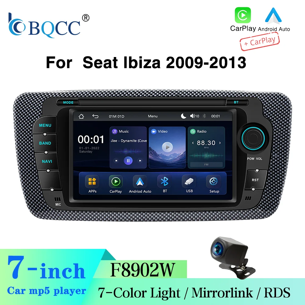 BQCC 7'' Car Multimedia Player Fit Seat Ibiza 2009-2013 Wireless CarPlay Android Auto IPS Display 7 Color Lights RDS FM AM Stere