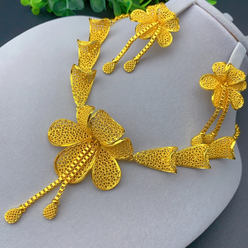 African Flower Necklace Earrings Jewelry Set For Women 24K Gold Plated Dubai Indian Nigeria Bridal Wedding Party Gift Jewellery