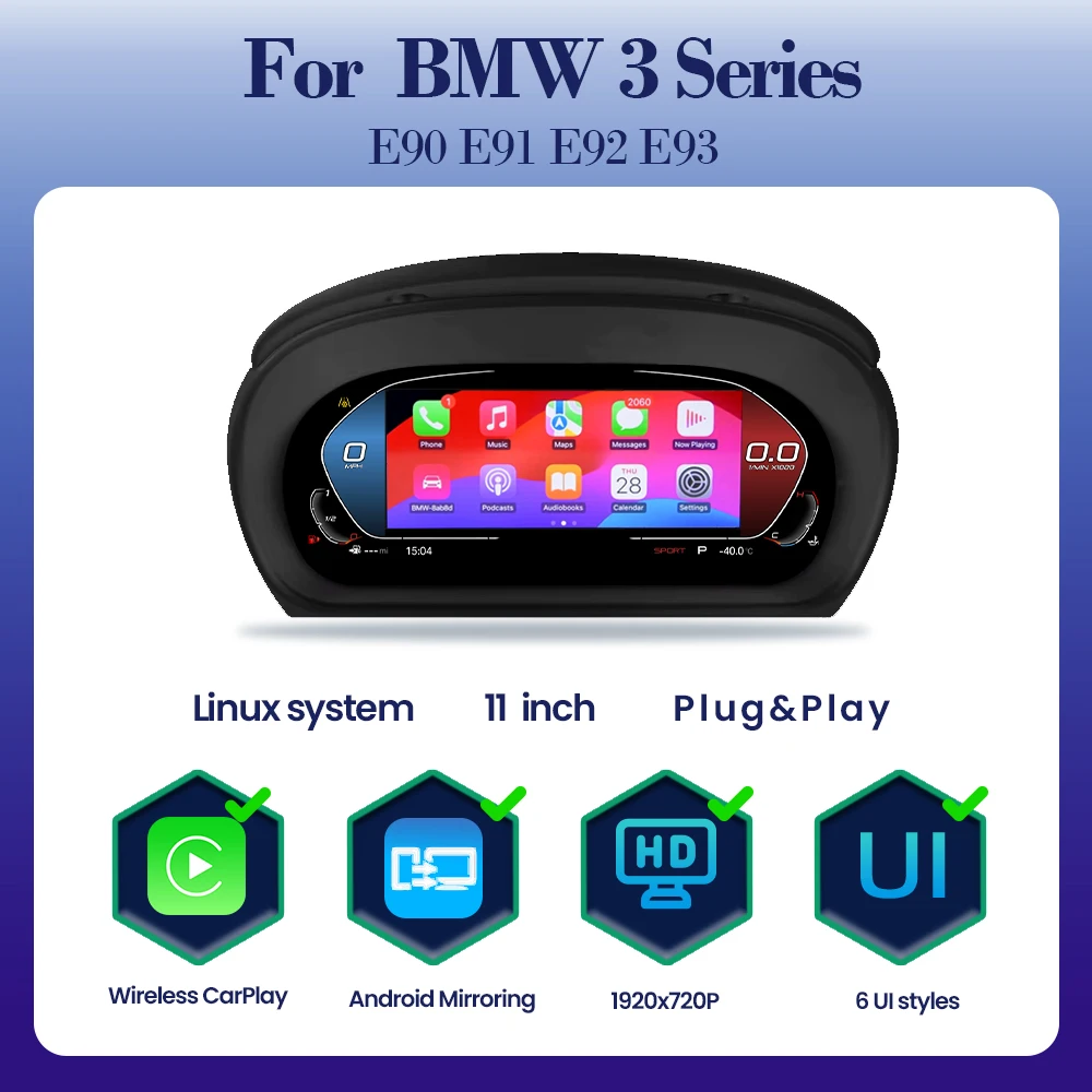 BONROAD 1920*720P Draadloze Carplay Android Mirroring Digitale Instrumentenpaneel Voor BMW E90 E91E92 Dashboard Snelheidsmeter Display