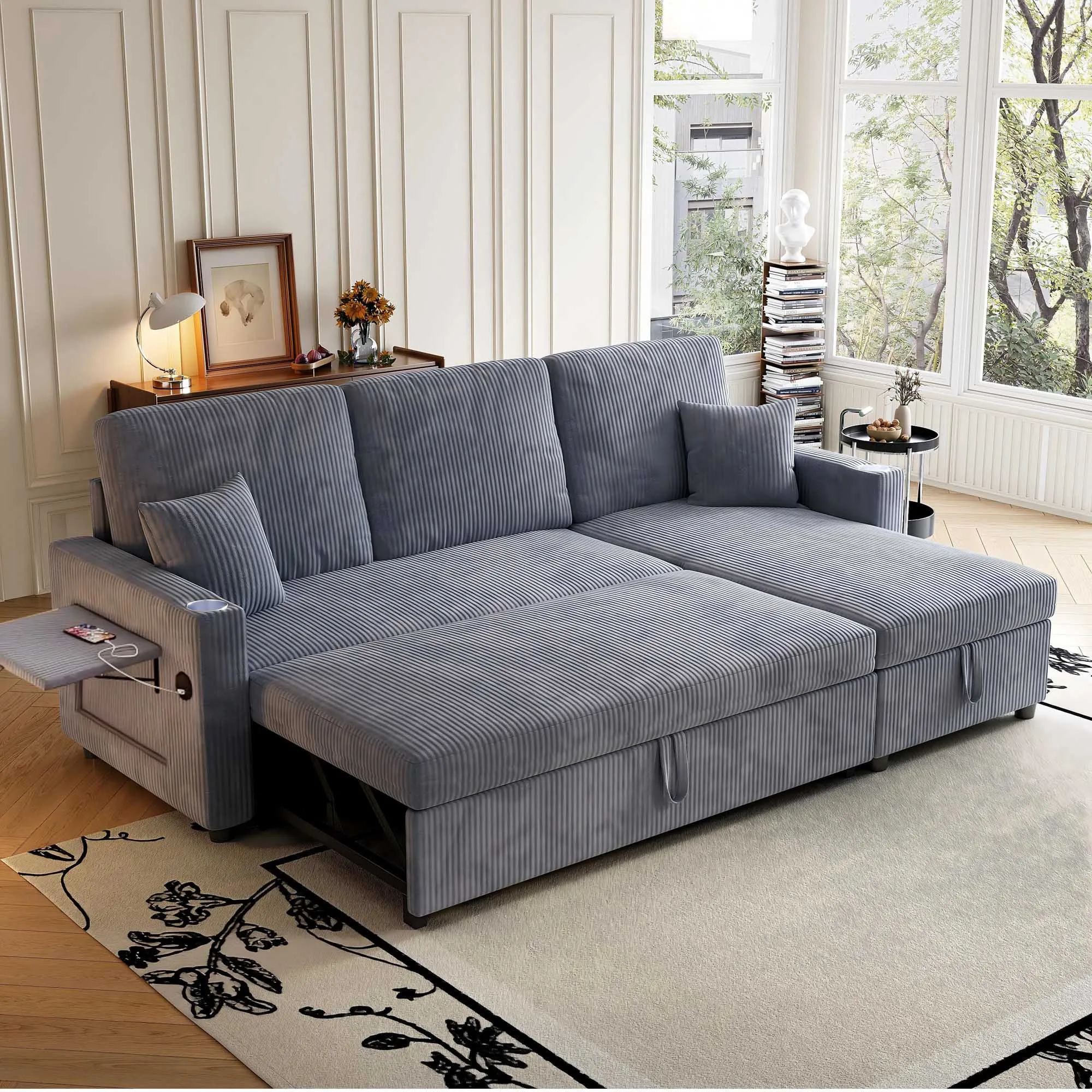 Modulares L-förmiges Sofabett mit integriertem Stauraum, ausziehbarer Liegefläche und praktischen Details (Getränkehalter, Seitentaschen) – Corduroy-Bezug, Grau