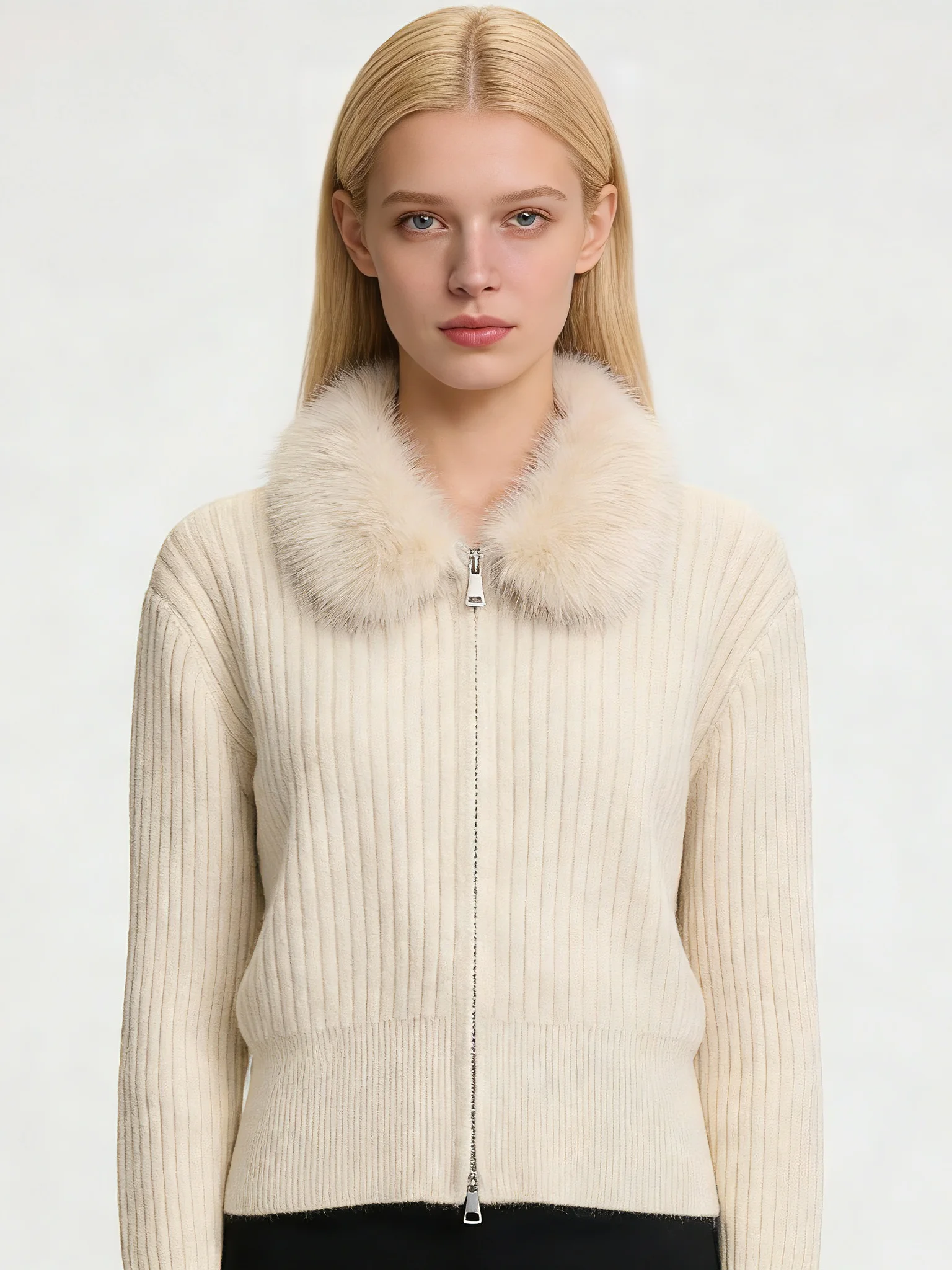 

Women's Elegant Faux Fur Collar Zip Up Cardigan Beige Ribbed Knit Short Wool Sweater Outerwear