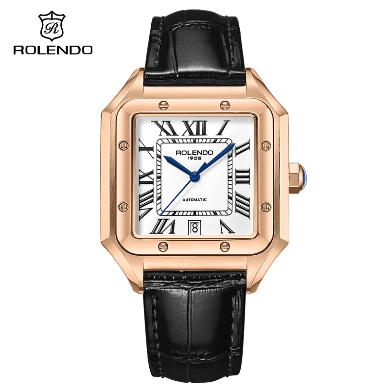 

ROLENDO Square Automatic Mechanical Watch 33mm Sapphire Crystal Calendar Display Leather Strap Men's Luxury Business Waterproof