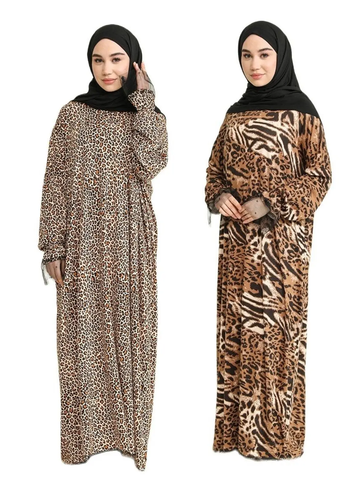 Prayer Dress Long Sleeve Leopard Pattern  Hijab Winter Summer Seasonal Loose Fashion Muslim Women Islamic Daily Wear Tunic