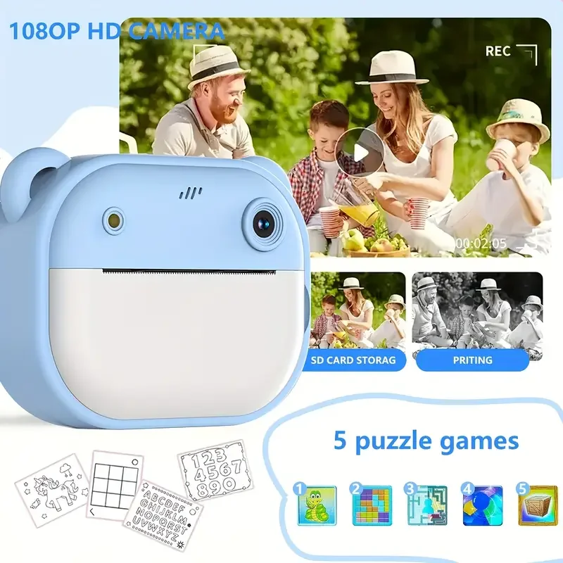 Instant Print Camera 1080P HD, Multi-Function Digital Video Camcorder with Multiple Shooting Modes, MP3 Player Support